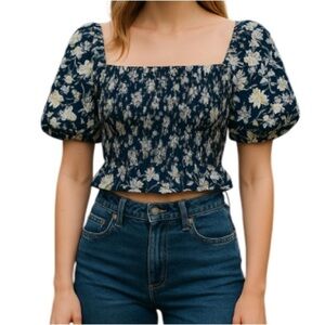 DKNY NWT Floral Smock Cropped Top Puff Sleeves Navy Blue Cottagecore Size XL
